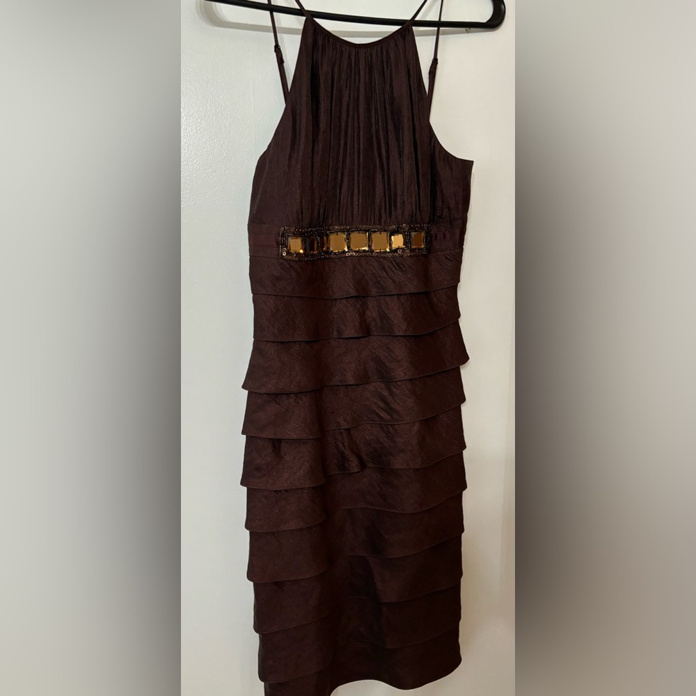 Cache Vintage Brown Tiered Embellished Gem Shiny Cocktail Party Dress Size 4 NWT